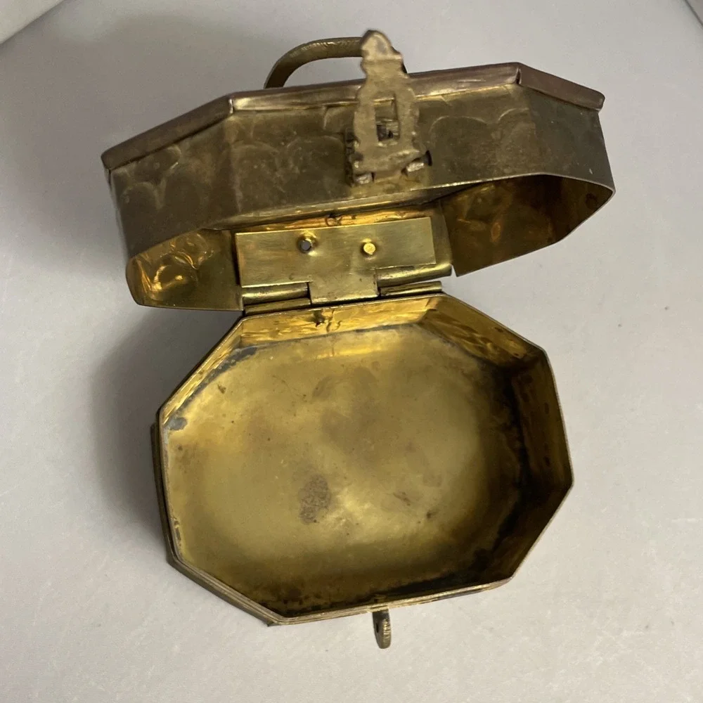 VTG Brass Rustic Cricket Box Handle & Hinged Lid Octagon For Trinket Incense